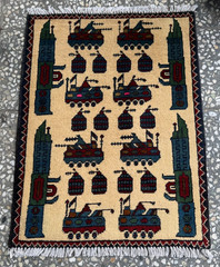 2×3 Afghan Hand Knotted War Rug Tanks Rifles Beige Wool Carpet New