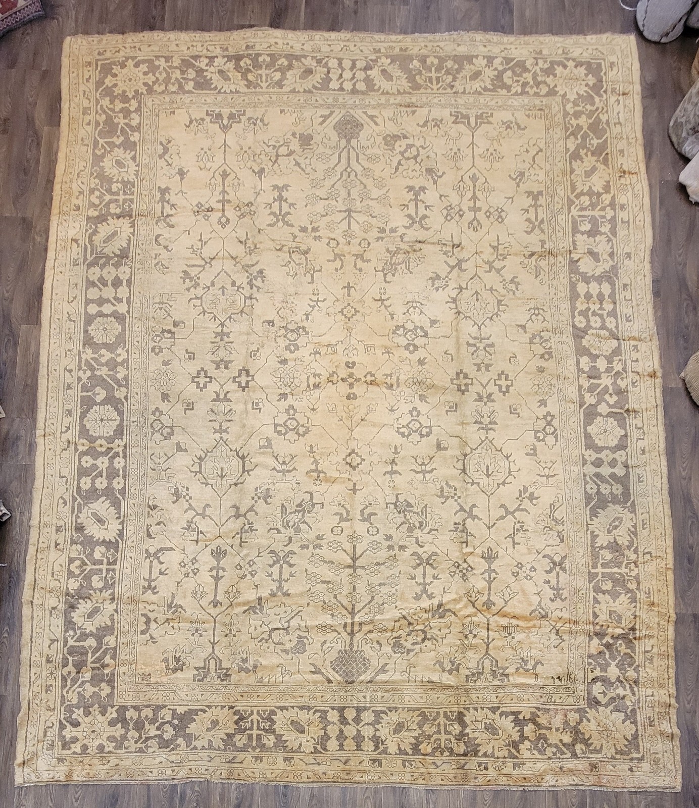 ANTIQUE handwoven Turkish Oushak 11'x14ft soft colors circa 1920s gallery