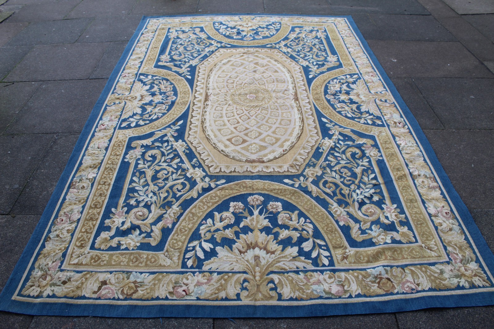 Vintage Hand Made French Design Wool Blue Gold Original Aubusson 282X180cm gallery