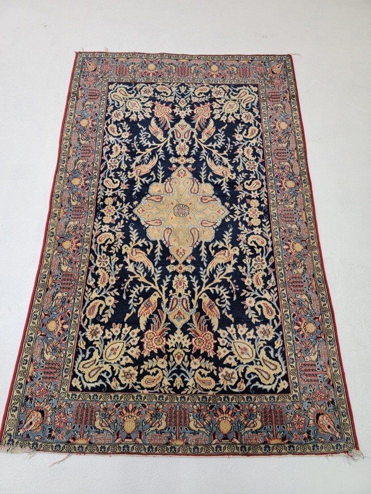 Antique Oriental Hand-Knotted Wool Area Rug Navy Blue/Beige 3'5" x 5'5"