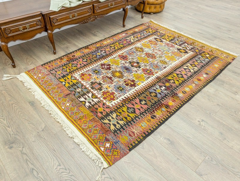 Unique Turkish Tribal Kilim Rug - Hand Woven Colorful Wool Kelim - 4.11x7.3 ft gallery