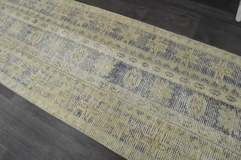 Vintage Turkish Runner Rug 2x7ft BEIGE Handmade Anatolian Oushak Hallway Wool gallery