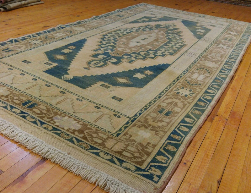 Beautiful Antique 1900-1939s Sage Green Colors Wool Pile Ushak Rug 4'6''x8'4'' gallery