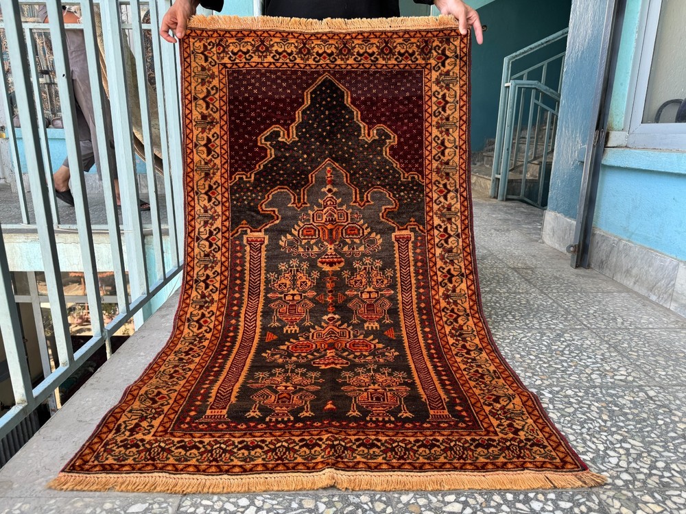 3x4 ft Antique Afghan Hand Knotted Rug Geometric Terracotta Brown Tribal Carpet