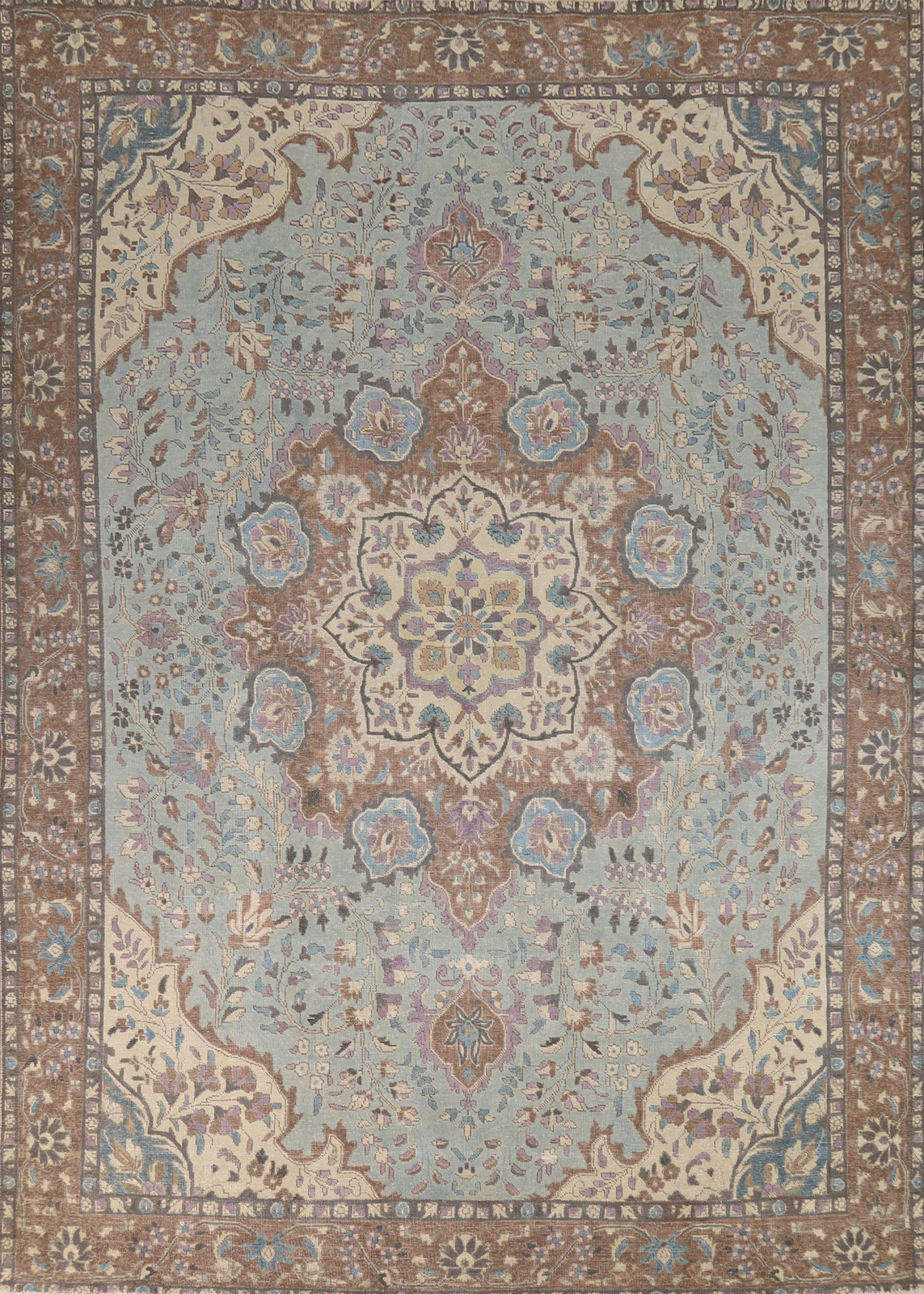 Light Blue Over-Dyed Traditional Floral Tebriz Living Room Rug 10x13 Vintage Rug gallery
