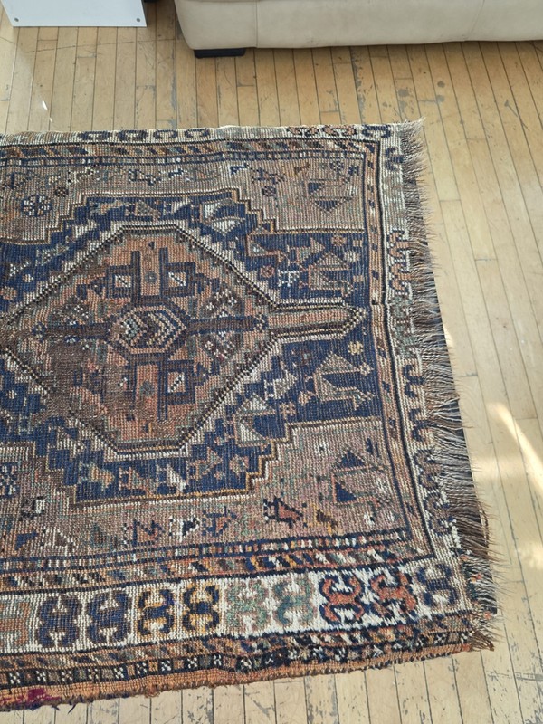 Antique Hand Knotted Wool Tribal Rug 46x33 Geometric Area Rug Vintage Fringe gallery