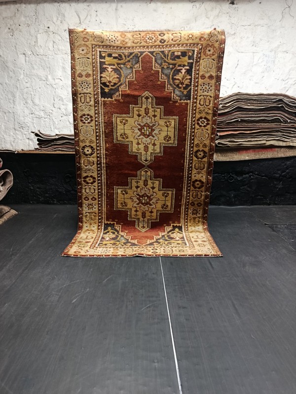 Vintage Turkish Red Beige Rug, 3.7x6.7ft, Antique Geometric Oriental Accent Rug, gallery