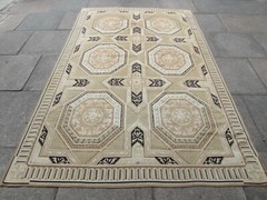 Vintage Hand Made French Design Wool Beige Black Original Aubusson 282X180cm