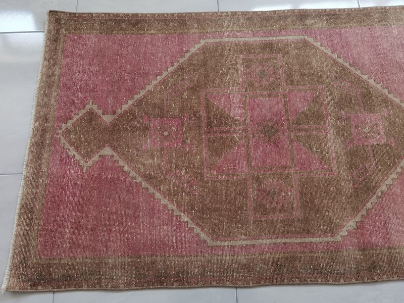 Vintage Turkish Oushak Runner 3x12 Hand Knotted Wool Pink Brown Tribal gallery