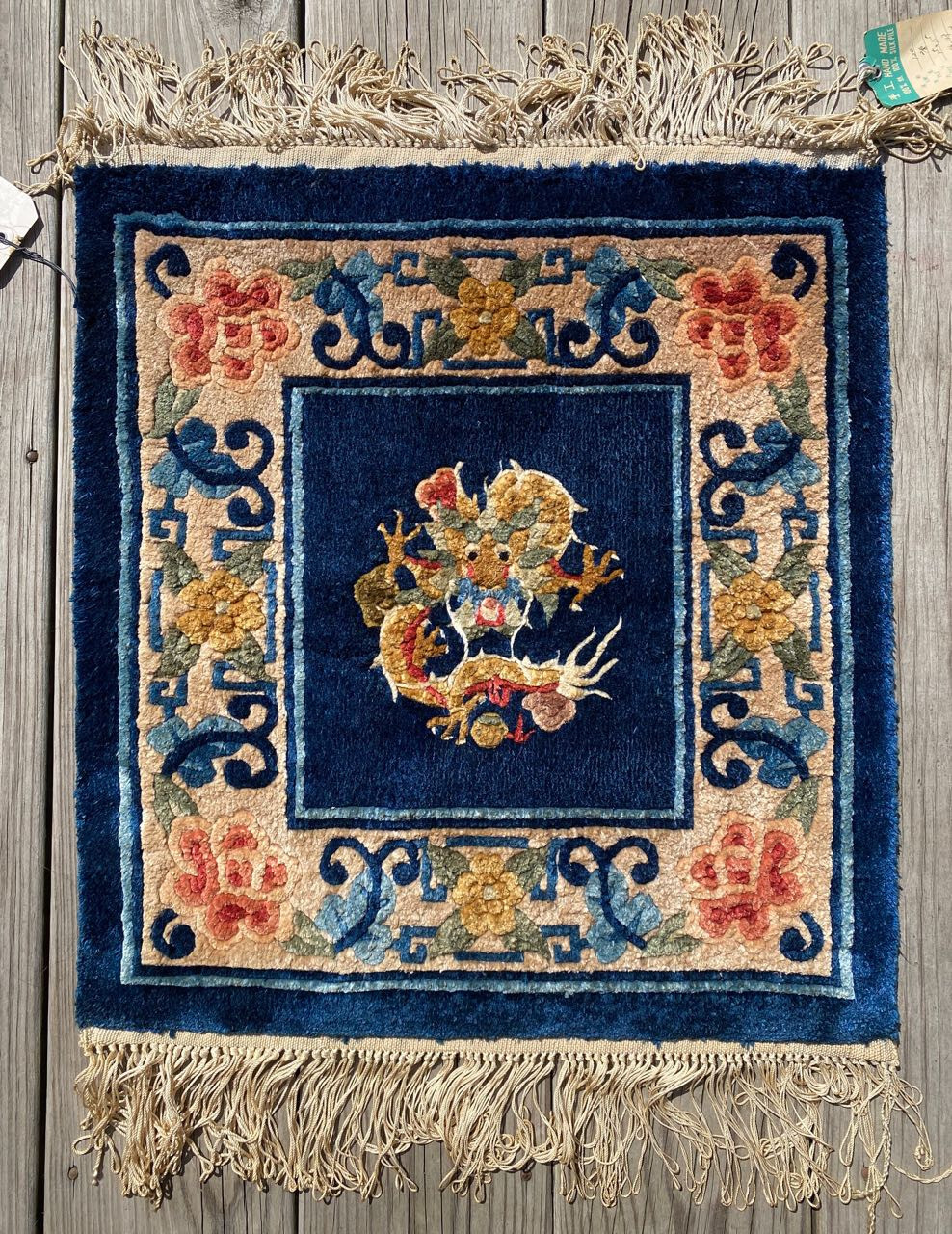 Vintage PINE & CRANE Chinese Dragon Shanghai Silk Rug. Hand Woven w Tags gallery