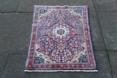 Fine Vintage Hand Made Traditional Oriental Wool Blue Red Small Rug 90x59cm