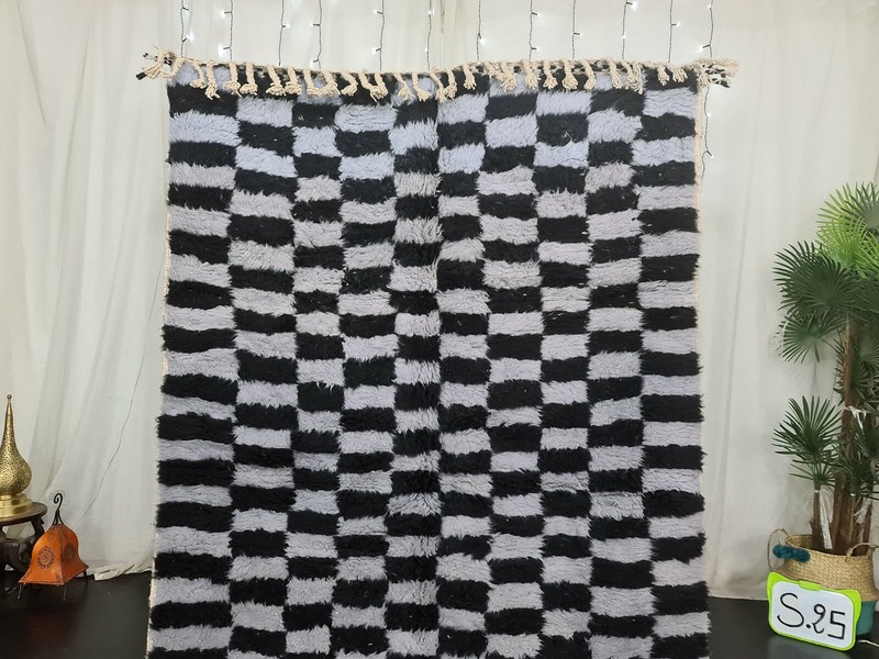 Handmade Moroccan Beni Ourain Rug 5'5"x8'1" Checkered Black Gray Berber Carpet gallery