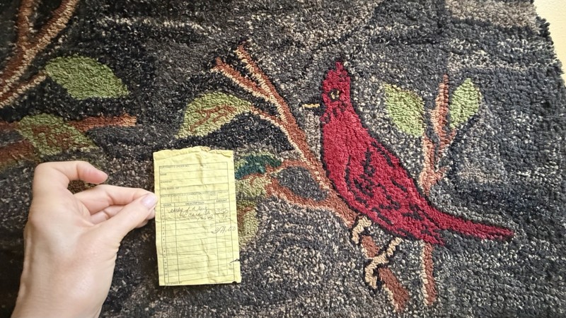 Vintage Folk Art Hooked Half-Round Cardinal Hearth Rug Two Red Birds on Branches gallery