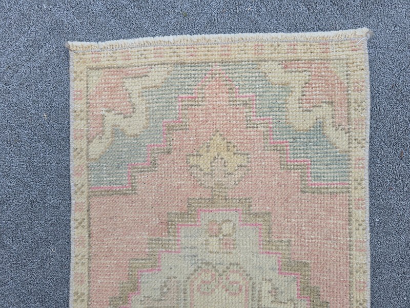 Vintage Turkish Oushak Rug 1.3x2.8 Hand Knotted Wool Pink Blue Cream Boho gallery