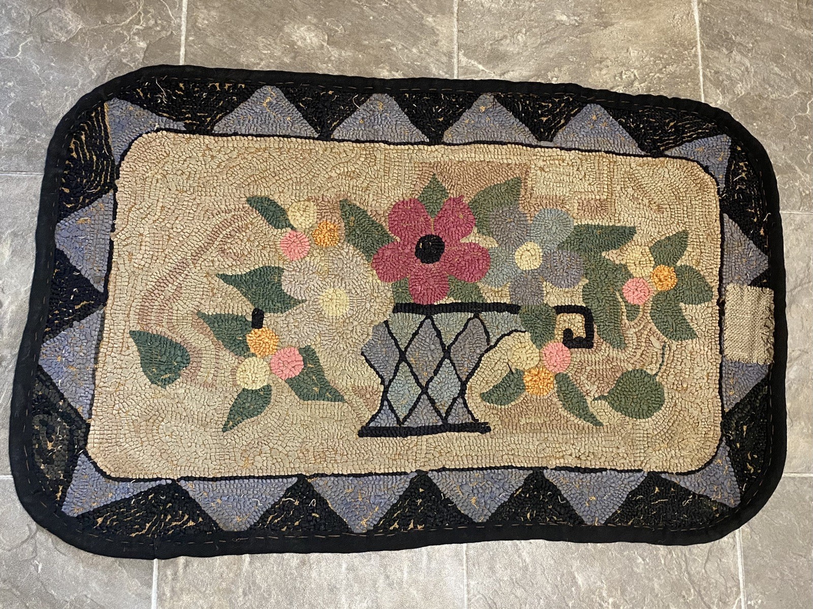 Vintage Antique Handmade Rectangular Basket Flowers Hooked Rug 32”x 20” gallery