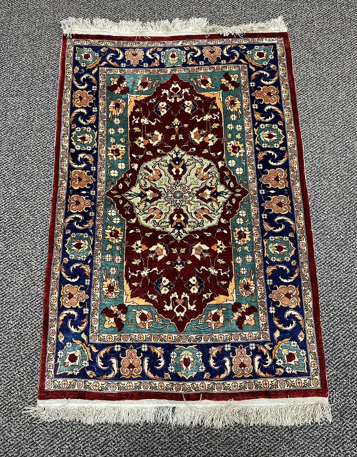 Stunning Authentic Silk On Silk Hereke Rug W Golden Metal Thread 2’ X 3.2’ gallery