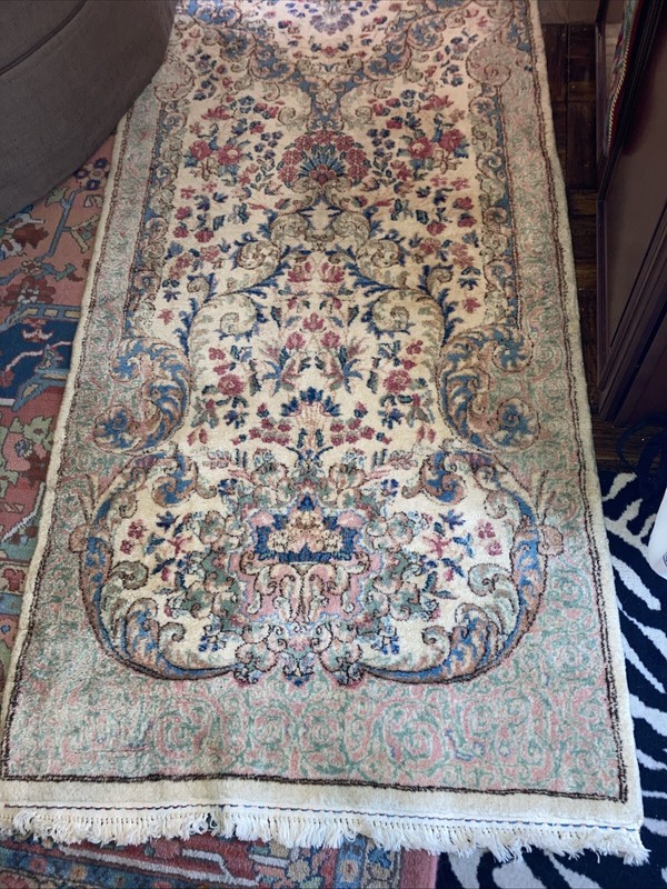 Antique Wool Runner Hand Knotted Ivory 3x12 Kermann Blue Green Pink Davidian gallery