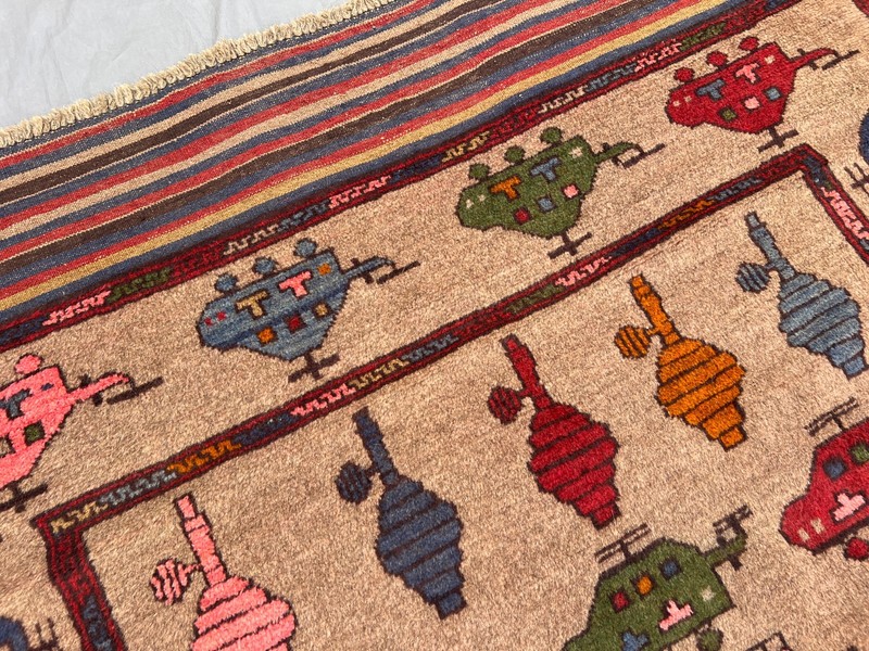 Beige 4x6 Afghan War Rug Hand Knotted Wool Vintage Pictorial Tribal Office Rug gallery