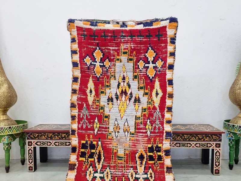 Moroccan Handmade Vintage Rug 2'6x7' Berber Geometric Red & Yellow Cotton Rug gallery