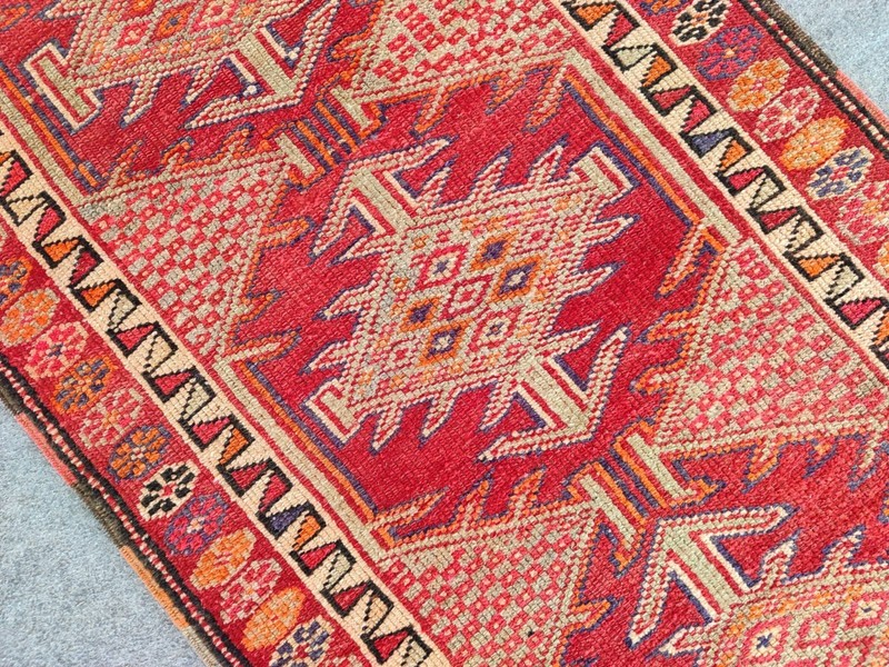 Red Antique rug 3x13, Vibrant Turkish runner 3x13 vintage rug, Herki Tribal rug gallery