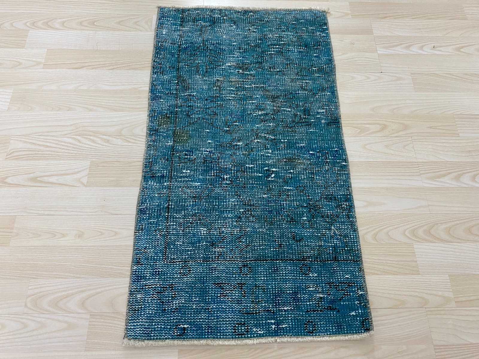 Antique Turkish Rug 1.5x2.8 ft Vintage Turquoise Blue Overdyed Wool Small Mat gallery