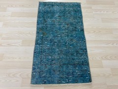 Antique Turkish Rug 1.5×2.8 ft Vintage Turquoise Blue Overdyed Wool Small Mat