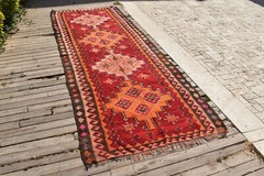 Turkish Kilim 53”x137″ Handwoven Kars Kilim 136x350cm Vintage Natural Wool Rug