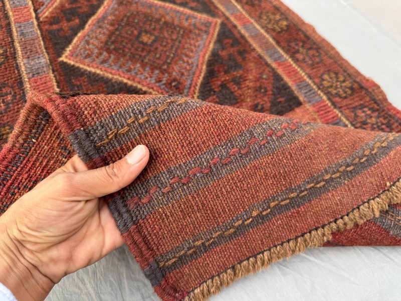 Vintage Afghan Baluchi Mishwani Runner Rug - Red Handwoven Wool Geometric Rug gallery
