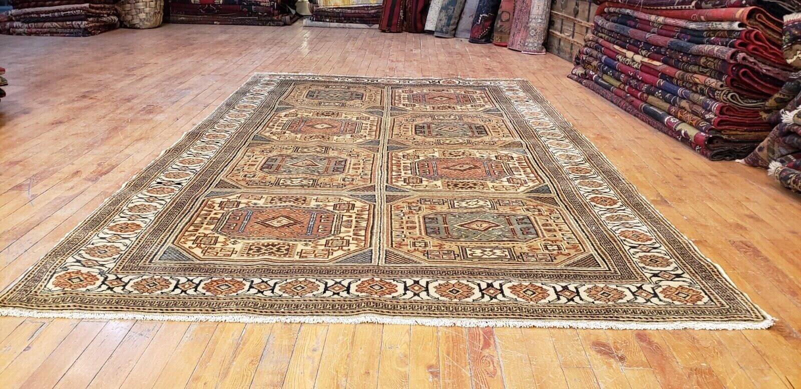Hand-Knotted Vintage 1970's Muted Dye Geometri Patterned Bunyan Rug 4'10"×7'6 gallery