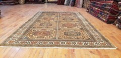 Hand-Knotted Vintage 1970’s Muted Dye Geometri Patterned Bunyan Rug 4’10″×7’6
