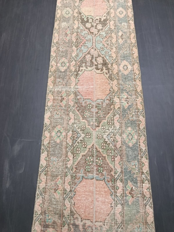 Green Red Geometric Handmade Runner, 1.9x12.2ft, Vintage Turkish Entryway Rug, gallery