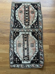 Vintage Unique Turkish Kilim Geometric Patterned Rug in Black and Coral Red