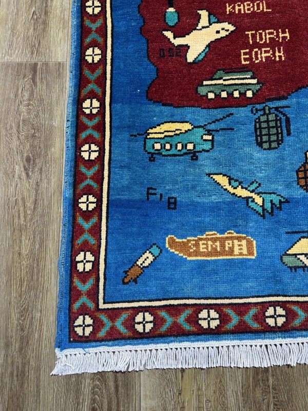 Afghan War Rug 2'7x4'1 Hand Knotted Wool 9/11 Pictorial Blue Tribal Wall Art Rug gallery