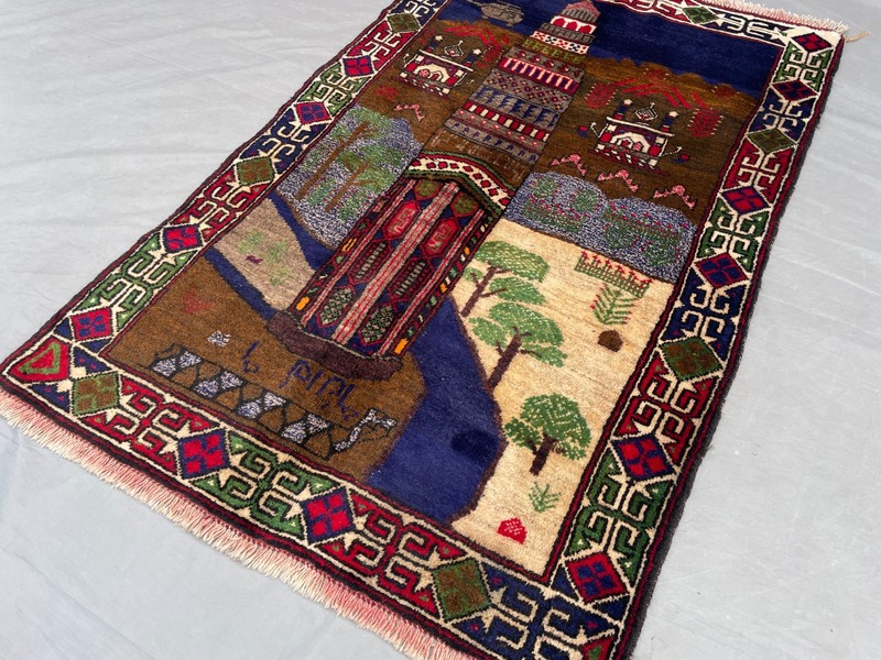 2'11x4'9 ft Vintage Afghan Pictorial HandKnotted Wool Minaret Landscape Area Rug gallery