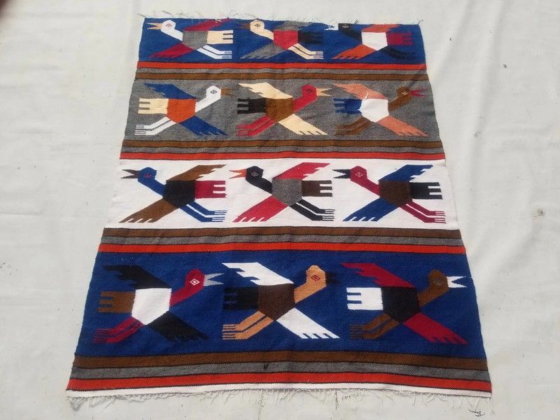 Vintage Traditional Handmade Ecuadorian Pictorial Wool Blue Kilim 5x3.11ft gallery