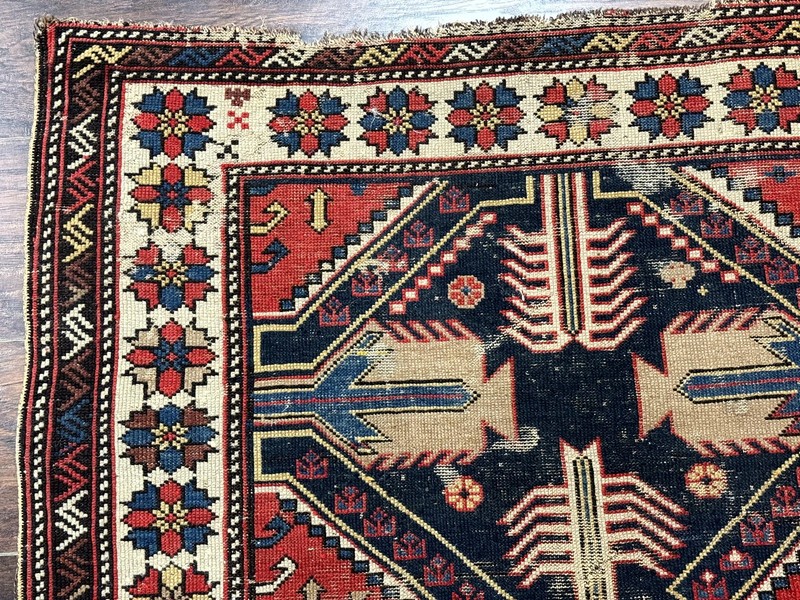 Antique Shirvan Caucasian Rug 3x5, Geometric Pattern, Red Navy Blue Beige gallery