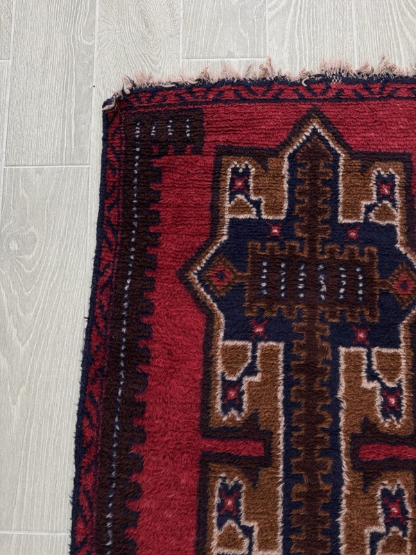 Hand-Knotted Prayer Balouch Red Blue Wool Oriental Rug 4’ 4” x 2’ 6.5” gallery