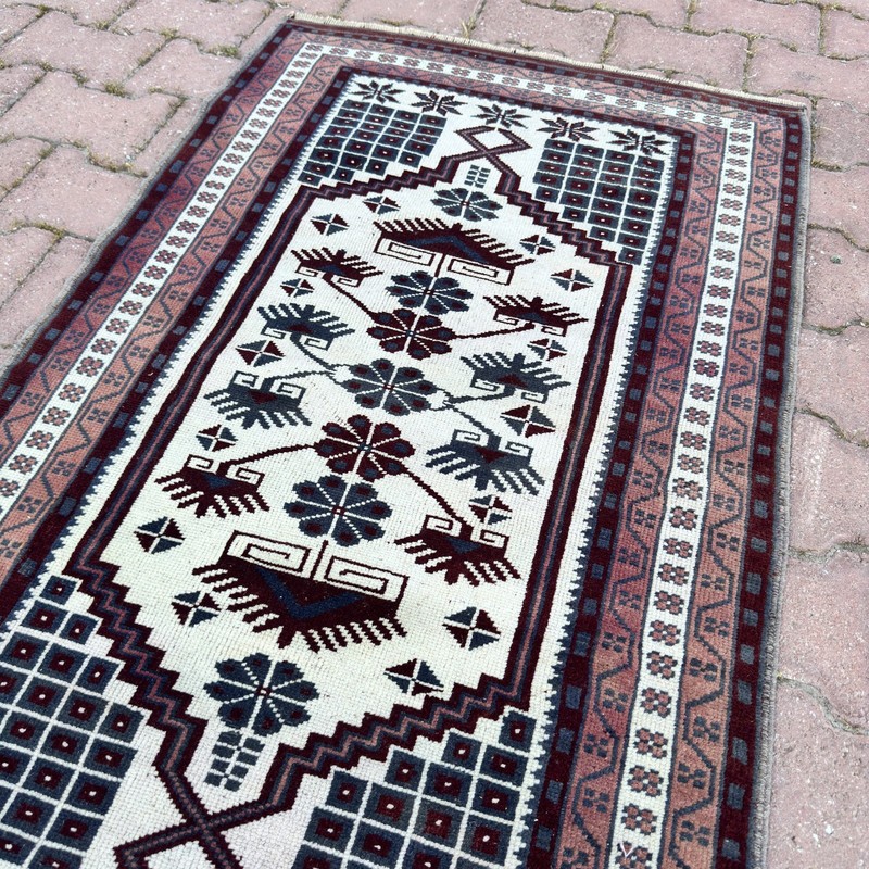 Burgundy Ivory 2x4 ft Vintage Turkish Wool Small Oriental Rug - Tariff Free gallery