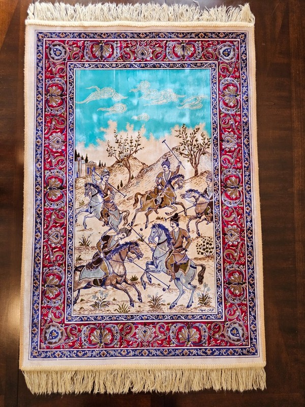 Signed Isfahann kalbaft Pictorial Rug - Carpet "Desert Polo" 40 x 27 inch gallery
