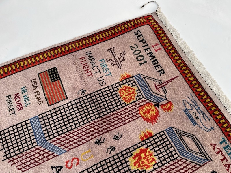 #734 Handmade rug 9/11 twin towers War Rug Afghan War Rug Handicrafts 125x95 Cm gallery