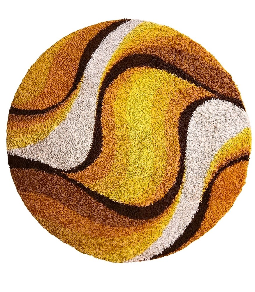 DESSO round shag Rug dralon wool Waves yellow brown vintage Mid Century 60s 70s