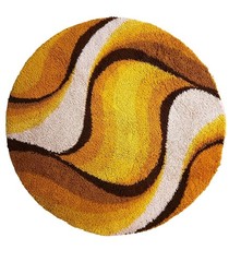 DESSO round shag Rug dralon wool Waves yellow brown vintage Mid Century 60s 70s
