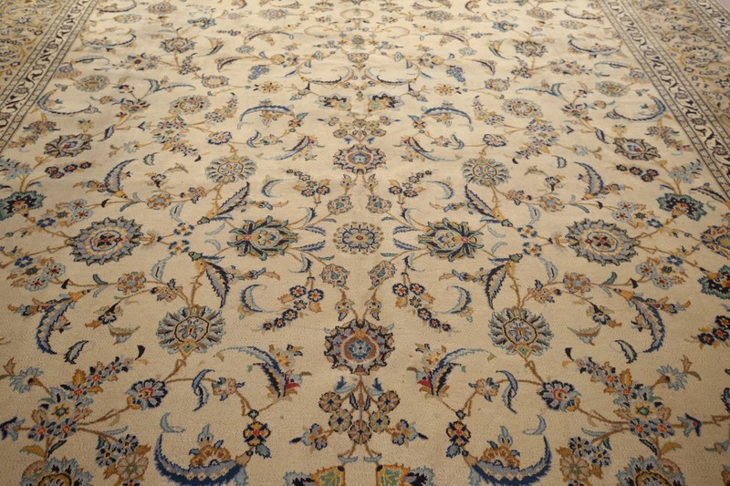 Vintage Ivory Wool Handmade Floral Kashaan Palace size Rug 11x16 Living Room Rug gallery
