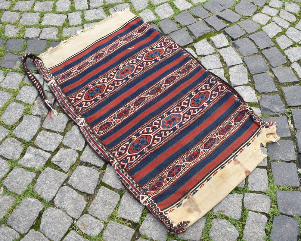 Antique Turkish Chuval Rug 25'' x 43'' Collector's Item Soumak Chuval Bag Rug