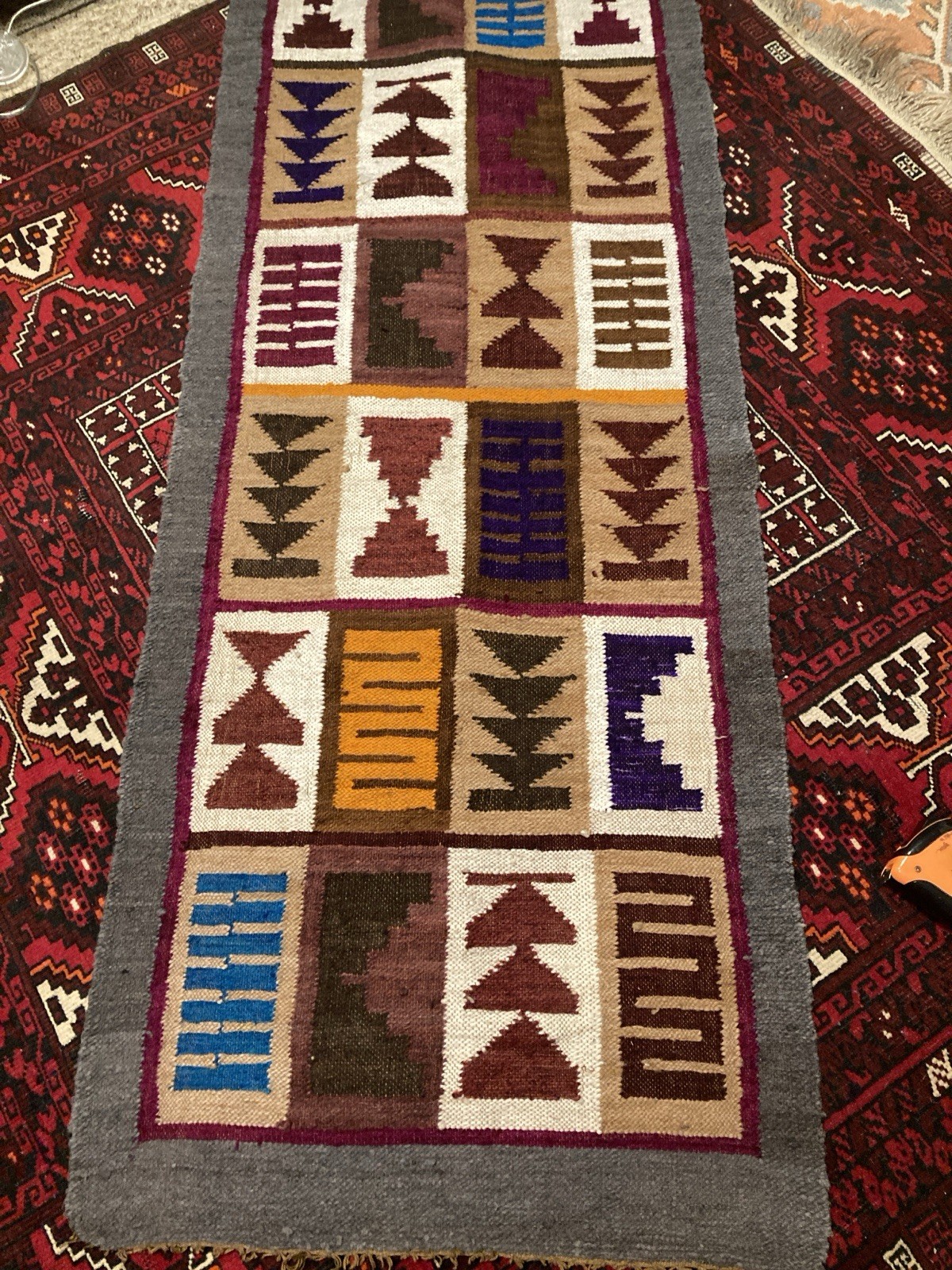 Vintage Traditional Handmade Peruvian/ Incan Wool Tribal Kilim 4.8 x 2 ft Runner gallery