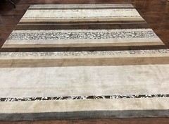 Modern Tibetan Nepali Rug 8×12 Stripe Pattern Wool & Silk Handmade Beige Tan