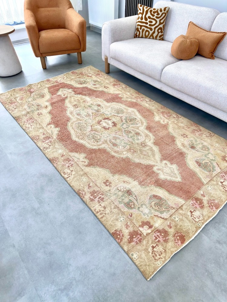 4.7'x8.5' Vintage Turkish Oushak Rug, Area Rug, Red Beige Rug, Handmade Wool Rug