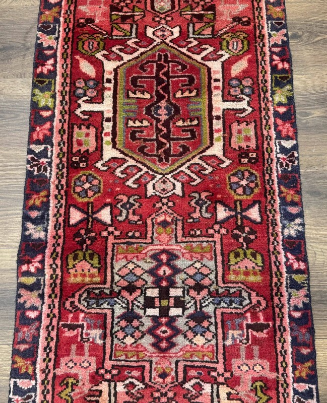 Heriz Karajeh Runner Rug 2x9 Geometric Medallions Red Navy Blue gallery