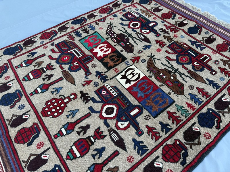 Fine Hand Knotted Afghan War Rug 4x6 ft Vintage Persian Style Pictorial Carpet gallery