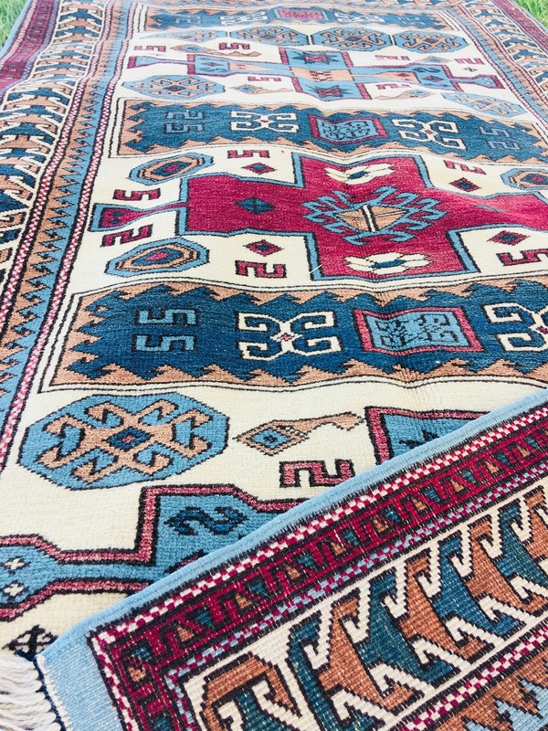 Geometric Tribal Cool Tones Turkish 4' 3" x 5' 10" Blue Hand Knotted Area Rug gallery